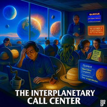 Alien operators juggle cosmic complaints at the Interplanetary Call Center.