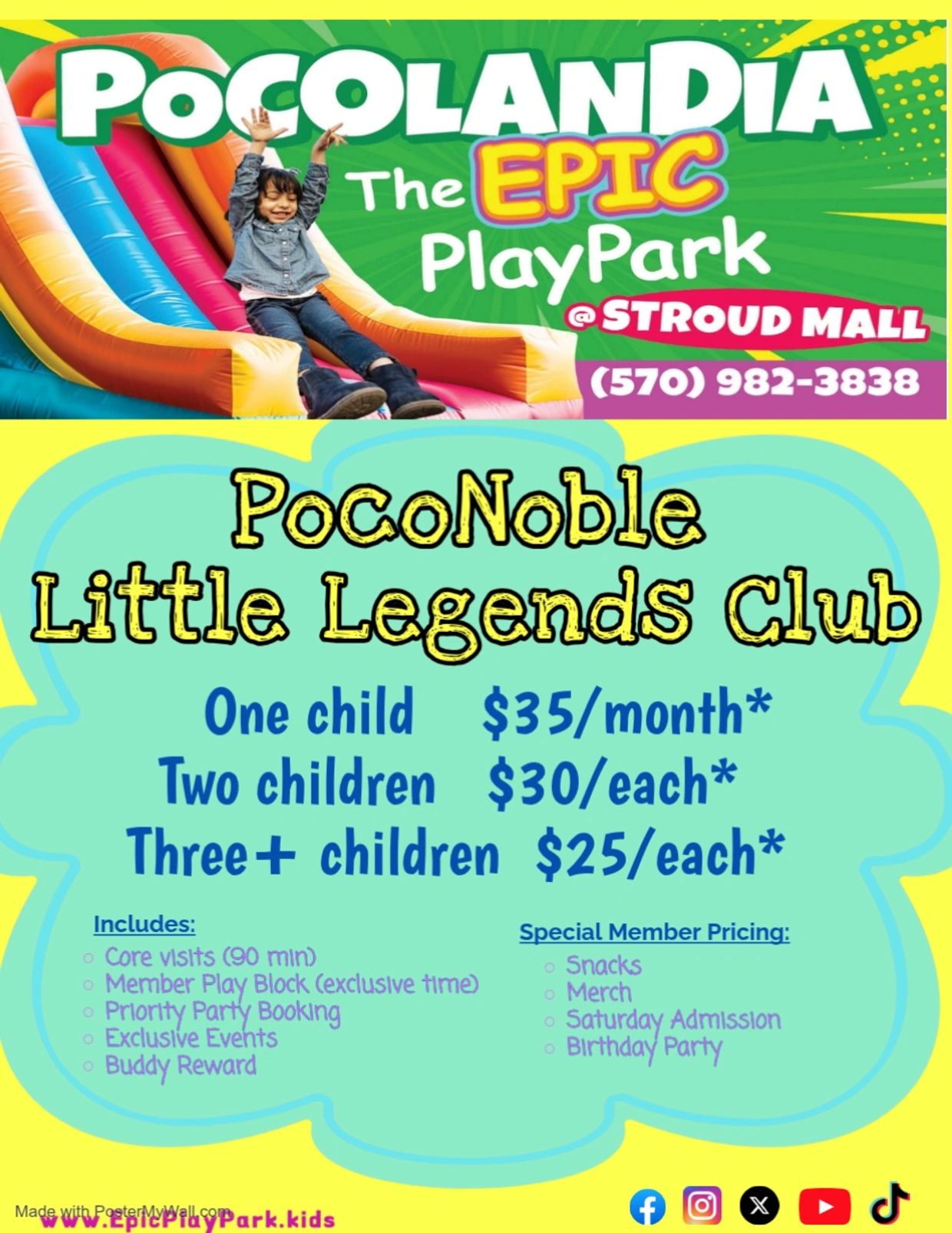 Pocolandia Epic PlayPark and Poconoble Little Legends Club membership pricing and benefits.