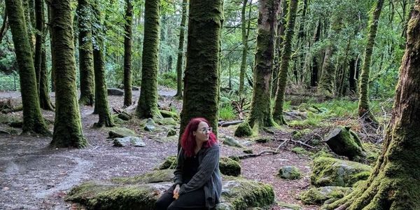 A woman with red hair sits on a moss-covered rock in a lush forest.
