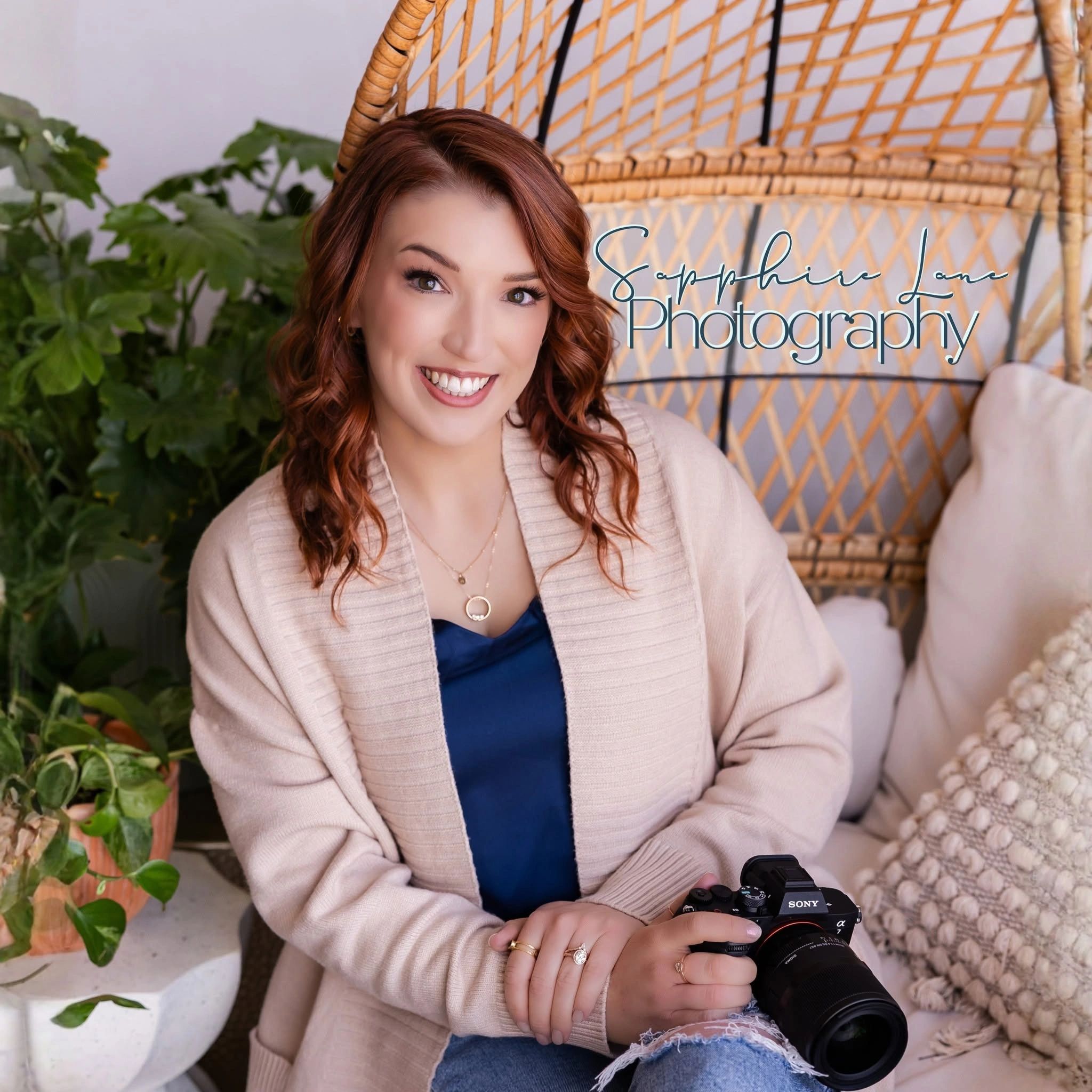 Smiling woman holding a Sony camera, surrounded by plants and cozy decor.
