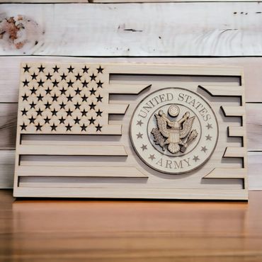 Wooden carved American flag with United States Army emblem.