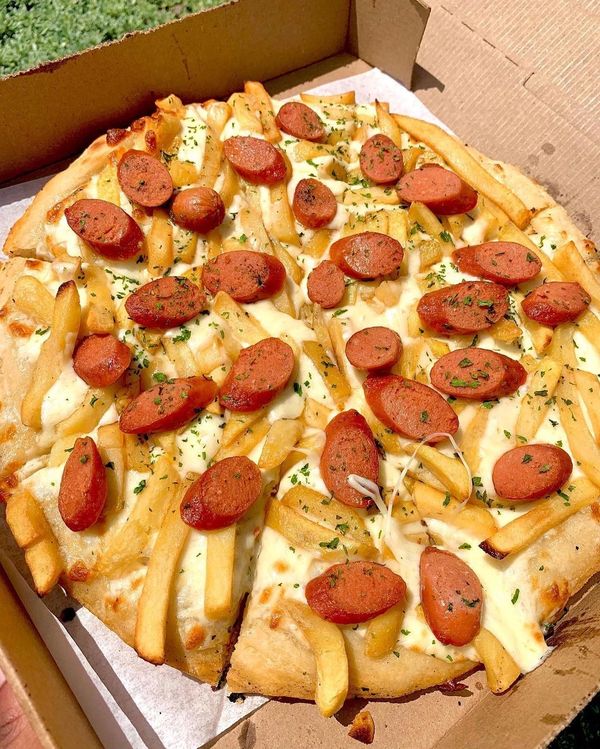 This is called donald duck: of a double mozzarella cheese topping with french fries & chicken franks