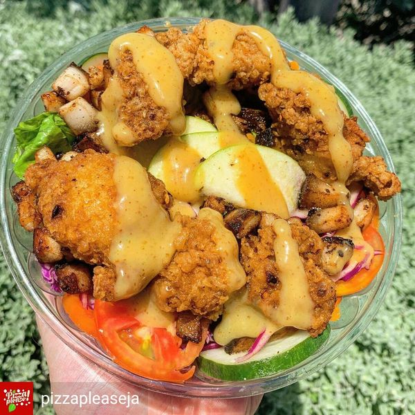 garden fresh salad pork shrimp and vegetables green apple  protein and healthy clean meal fish bites