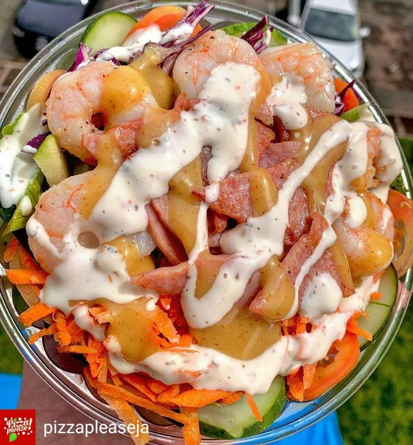 garden fresh salad chicken ham shrimp and vegetables green apple  protein and healthy clean meal