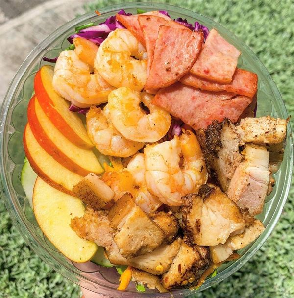 garden fresh salad pork shrimp and vegetables green apple  protein and healthy clean meal