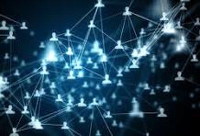 Digital network connections represented by glowing user icons linked by lines.