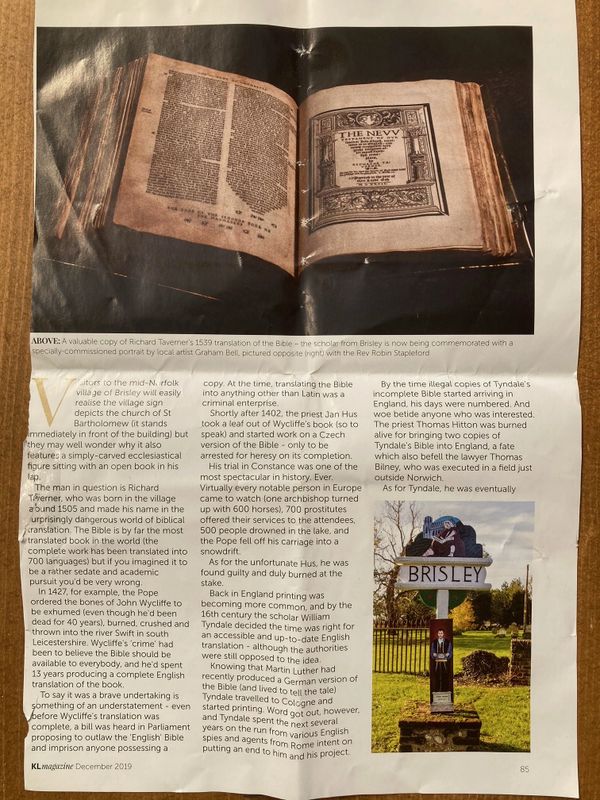 Article about Richard Tavener and bible translation Brisley Village