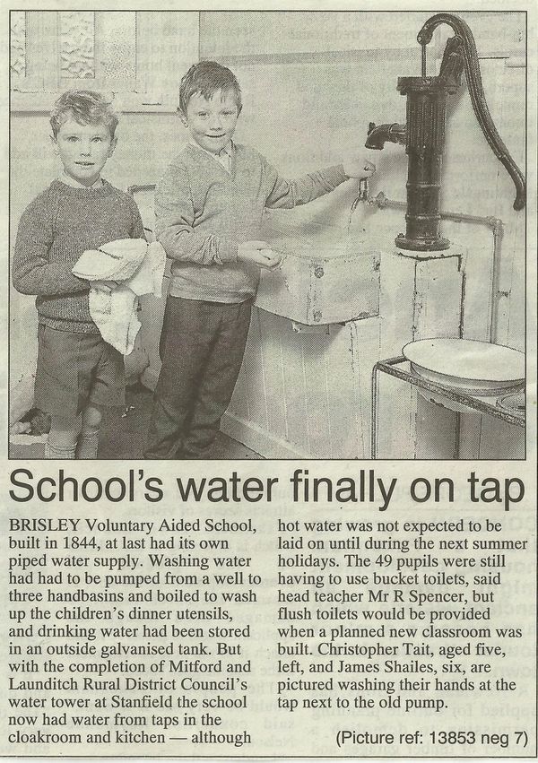 Newspaper article about Brisley School getting running water