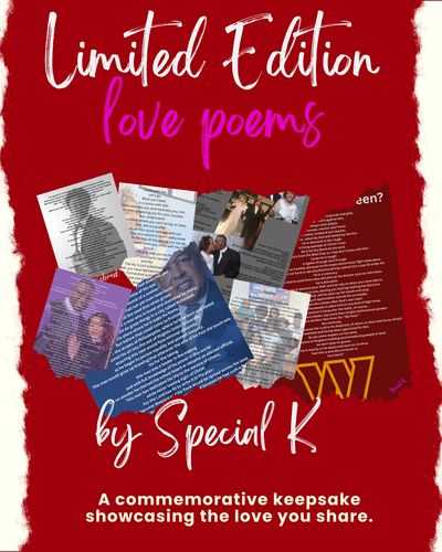 Book cover for 'Limited Edition love poems' by Special K with a red background and collage of poem pages.