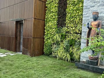 Modern garden with vertical greenery and a Buddha statue.