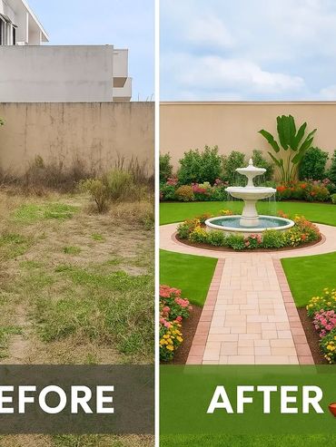 Side-by-side comparison of a neglected garden transformed into a beautifully landscaped space with a fountain.