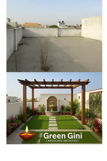Before and after rooftop garden transformation by Green Gini Landscape Architect.