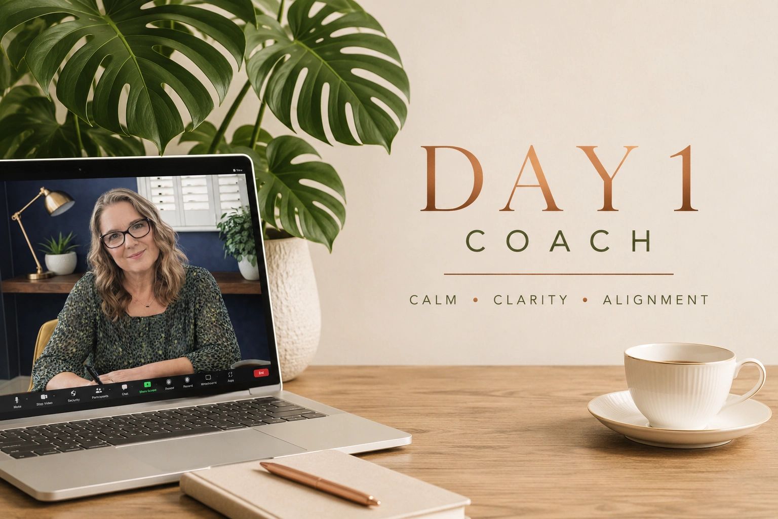 Online coaching session setup with laptop, notebook, and coffee.