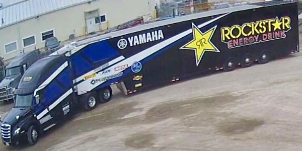 A customer of ours, Rockstar energy truck, maneuvering in the yard to settle into his parking spot.