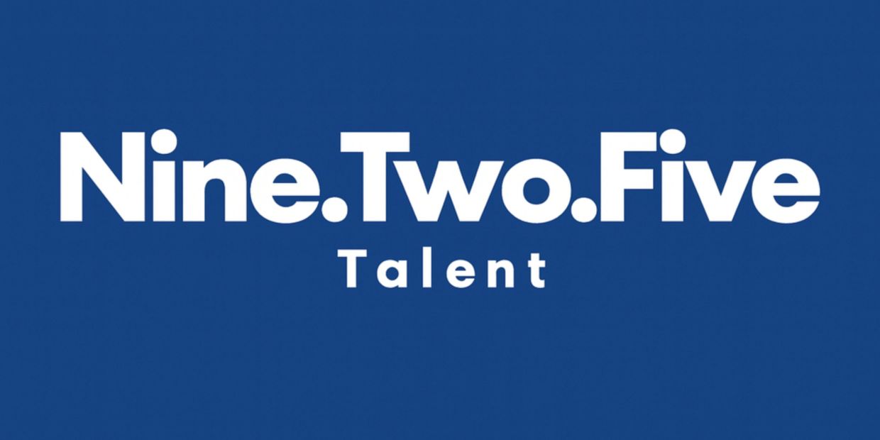 Logo of Nine.Two.Five Talent in white on a blue background.