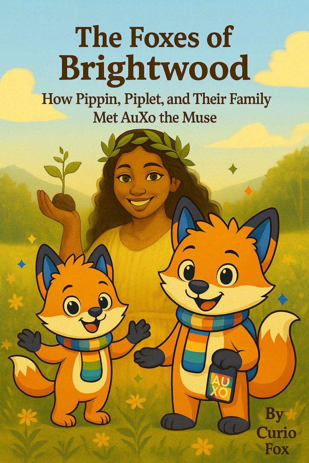 Cover of "The Foxes of Brightwood" featuring two cartoon foxes and a smiling woman holding a plant.