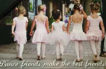 Five young ballet dancers walking away.