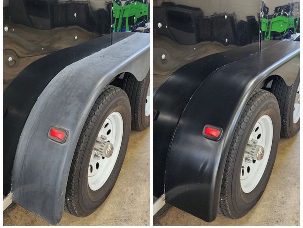 Enclosed trailer used for go-karting out at the Road America Race Track with a restored fender flare