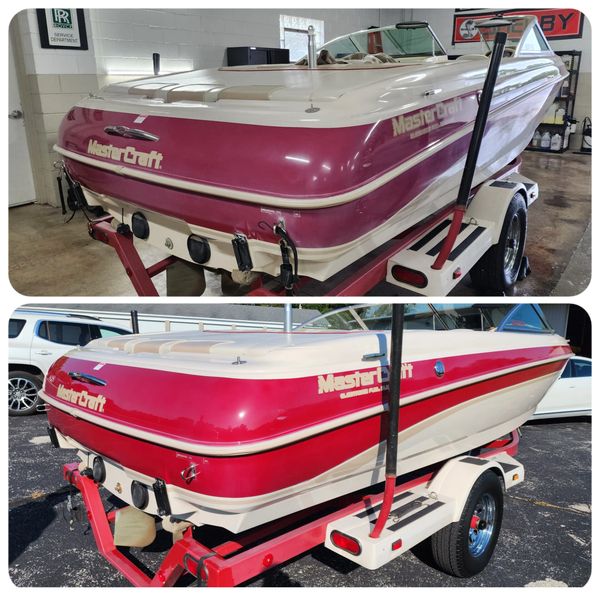 Before & and after of how polishing and ceramic coating will restore faded and oxidized gel coat