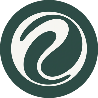 Abstract circular logo with a flowing, yin-yang inspired design in dark green and white.