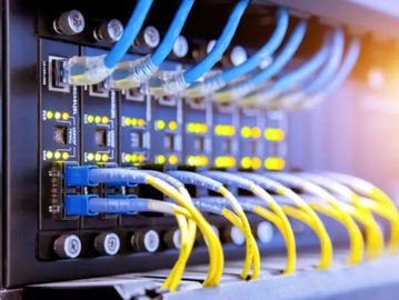 Network cables connected to a server switch with glowing status lights.