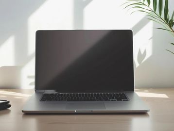 A laptop on a wooden desk with natural sunlight and shadows.
