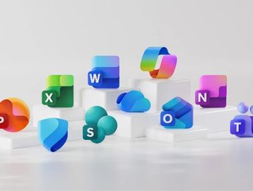 Colorful Microsoft Office app icons arranged on white platforms.
