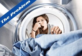 "The Problem" showing a woman looking into her washer while holding her nose and having a disgusted