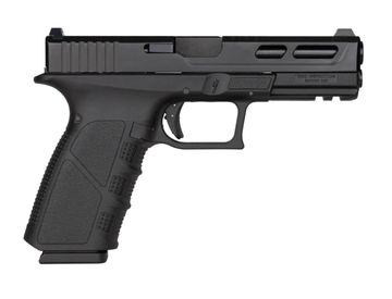 Side view of a black semi-automatic handgun with a textured grip.