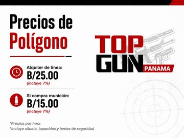 Tarifas de alquiler y compra de munición en Polígono Top Gun Panamá.