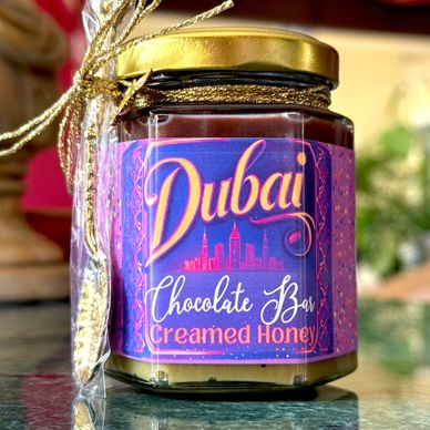 Dubai Chocolate Bar Creamed Honey with pistachio cream and chocolate ganache topping honey gift