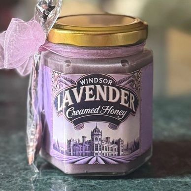 Lavender Creamed Honey styled with gold teaspoon, smooth gourmet honey gift for tea lovers