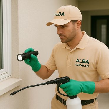 Pest control technician inspecting a house exterior with flashlight and spray equipment.