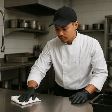 Chef in white uniform cleaning stainless steel kitchen counter with a cloth.