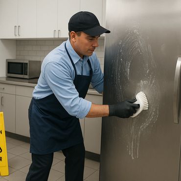 A man in gloves scrubbing a stainless steel refrigerator door.