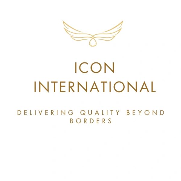 Elegant gold logo of Icon International with tagline on white background.