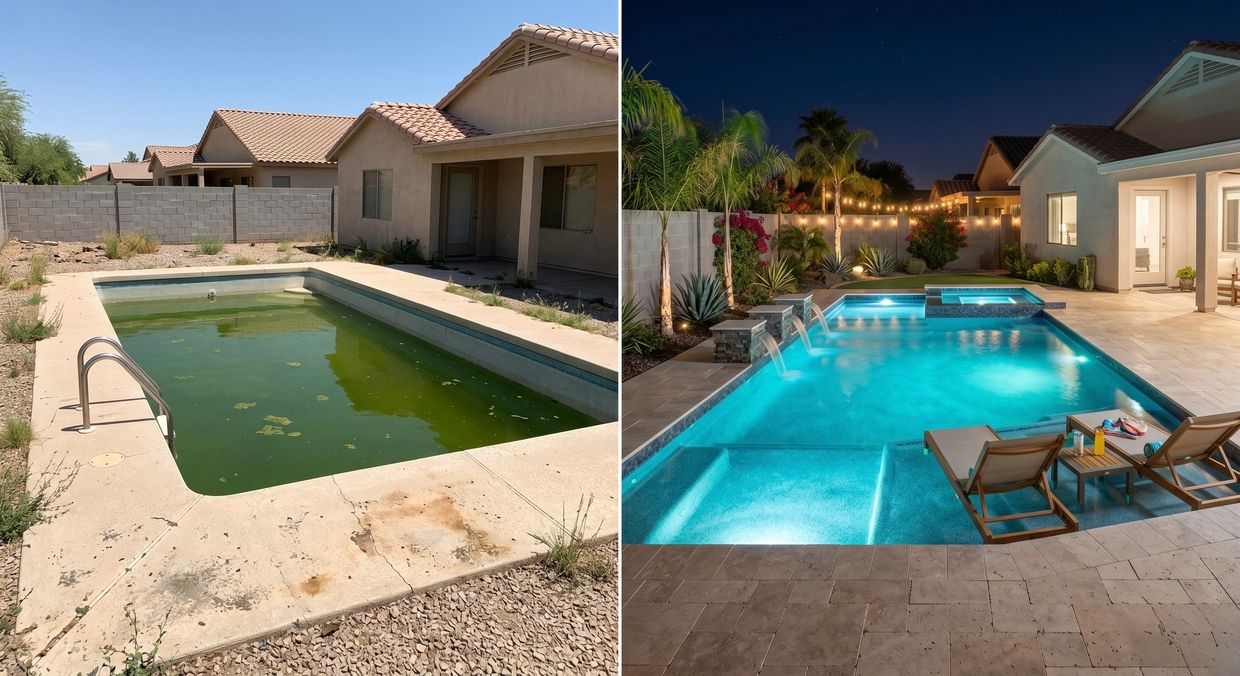 Before and after images showing a pool renovation from dirty to pristine.