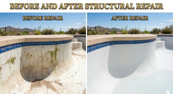 Side-by-side images showing a pool before and after structural repair.