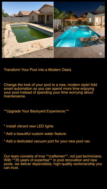 Before and after images of a pool renovation transforming a dull pool into a modern outdoor oasis.