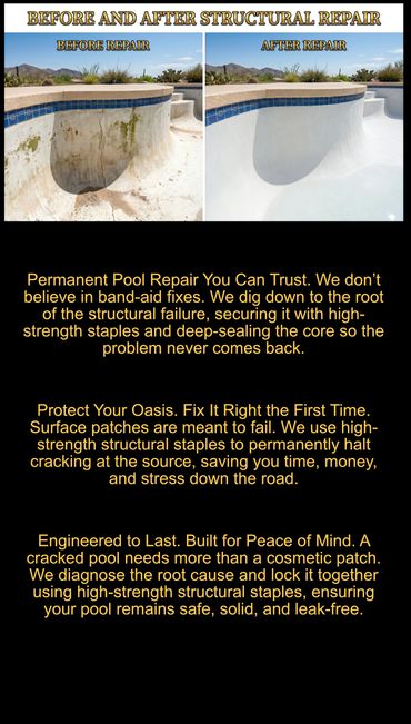 Before and after images of a pool showing structural repair and fixing cracks.
