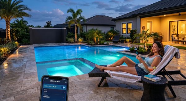 Woman relaxing by a lit swimming pool at dusk with a drink and phone.