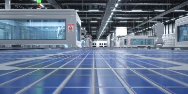 Futuristic factory floor with automated robotic arms and blue-tiled surface.