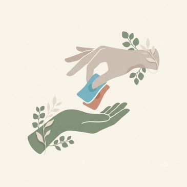 Two hands exchanging small cards with leaves.