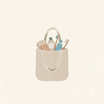 Illustration of a tote bag with personal care items.