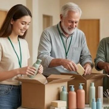 Volunteers packing toiletries in boxes.