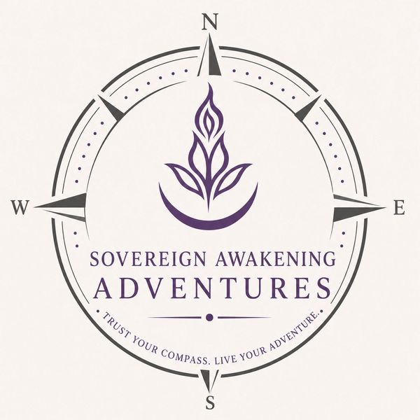 Logo of Sovereign Awakening Adventures with a compass and a floral symbol.