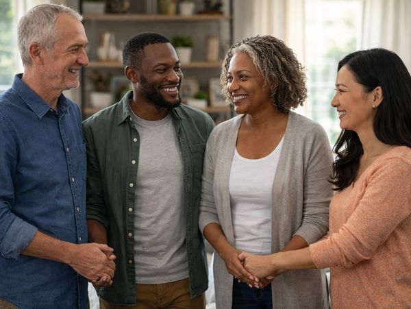 Four diverse adults smiling and holding hands in a warm, friendly setting.