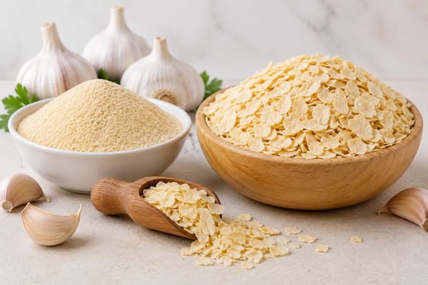 Garlic powder and garlic flakes with garlic bulbs and cloves.