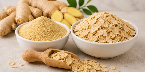 Bowls of ginger powder and flakes with fresh ginger.