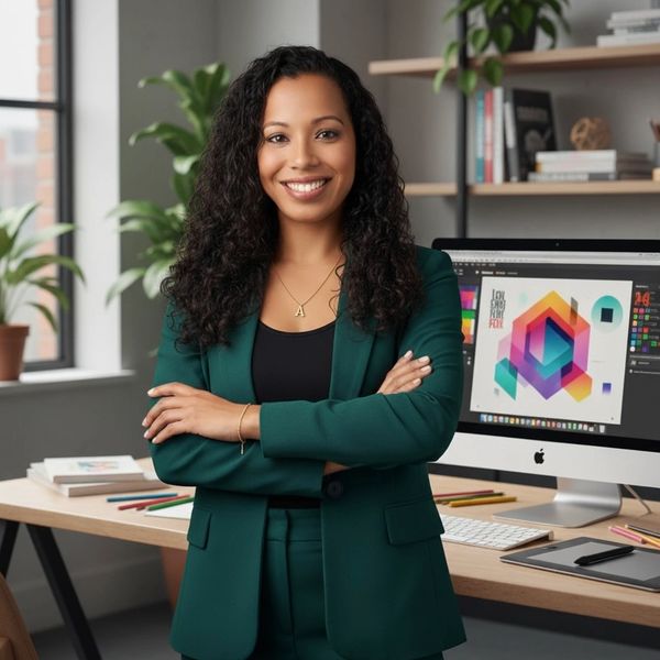 Confident woman in green suit standing in front of a computer with colorful graphic design.